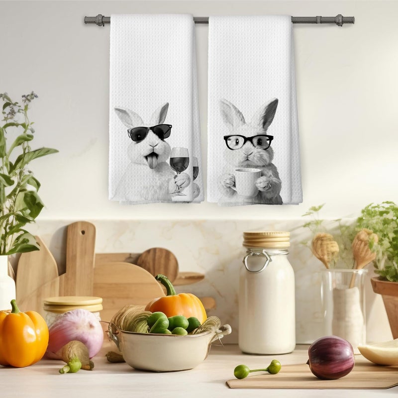 Mcehtle Funny Bunny Kitchen Towels Set of 2, Easter Rabbit Kitchen Accessories, Coffee Wine Station Decor, Chef Gift Hand Towel, Dining Room Decorative Tea Towel Dish Towels 16x24 Inch - Image 4
